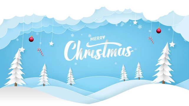 Winter Christmas composition in paper cut style - Merry Christmas text Calligraphic Lettering Video