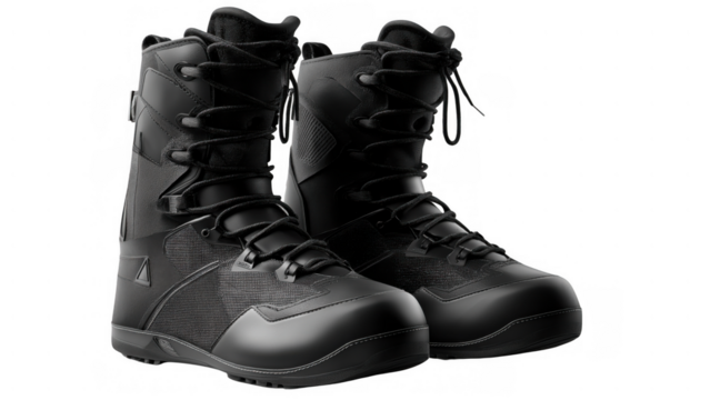 Sleek, sturdy black snowboarding boots, created AI, PNG