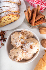 Christmas tasty leftovers stollen ice cream, homemade vanilla spiced gelato with stollen or Panettone leftovers after Christmas pastry, simple holiday food recipes