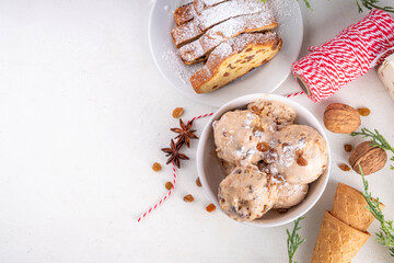 Christmas tasty leftovers stollen ice cream, homemade vanilla spiced gelato with stollen or Panettone leftovers after Christmas pastry, simple holiday food recipes