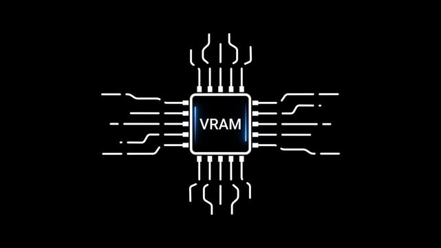 Central processing unit chip with VRAM text and radiating circuit lines on a black background microchip