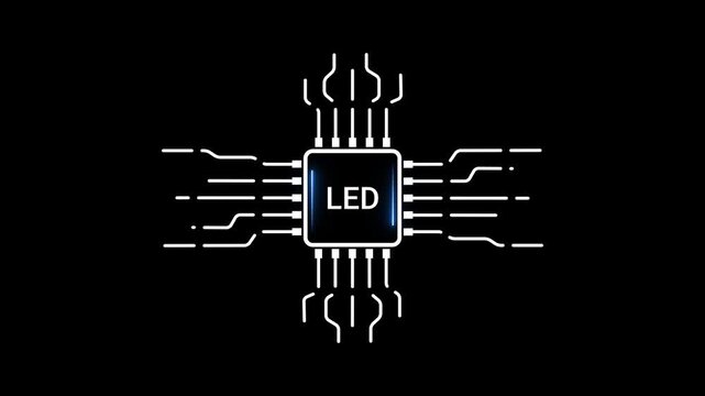 Central processing unit chip with LED text and radiating circuit lines on a black background microchip