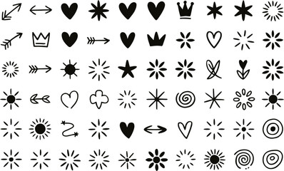 Assorted hand drawn doodle elements including hearts stars arrows and crowns on a white background
