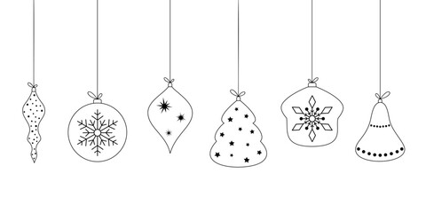 Hanging various festive Christmas tree Christmas toys balls, vector line illustration. The festive New Year's Eve background element is isolated on white for design, decoration, postcard, poster