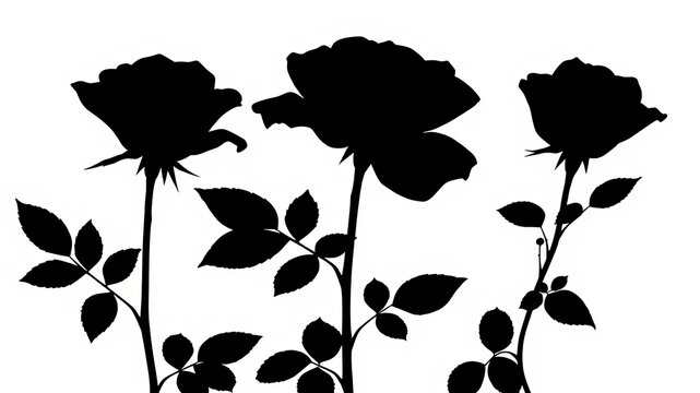 Three elegant rose silhouettes with delicate stems and leaves are isolated against a clean white background in a sophisticated and minimalist composition.