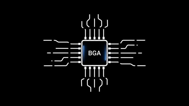 Central processing unit chip with BGA text and radiating circuit lines on a black background microchip
