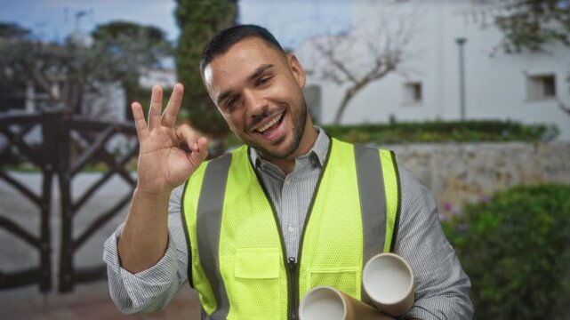 Hispanic man in safety vest holding rolled blueprints making ok sign on city street outdoors; confidence trust success teamwork.