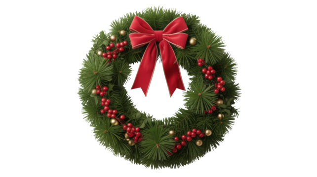 Beautifully decorated christmas wreath with red bow and berries featuring pine cones and twinkling lights isolated on transparent background - Powered by Adobe