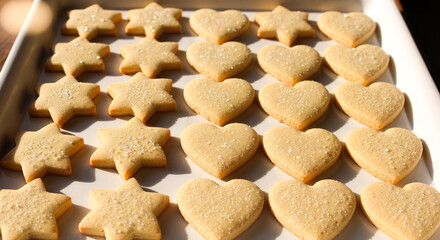 Cookie shapes including heart and star on baking tray