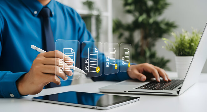 Man meticulously reviews digital documents on a futuristic interface, typing on a laptop, signifying efficient workflow and data management.