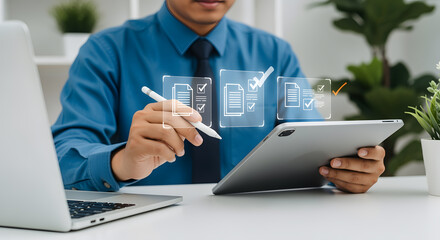 Professional businessman reviewing digital documents and tasks on tablet with glowing icons in modern office setting