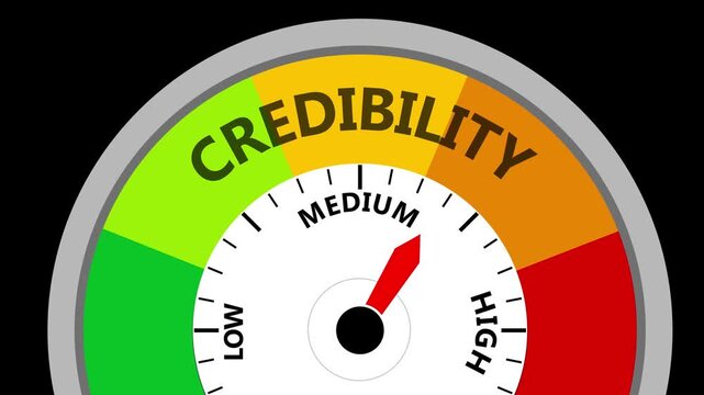 Credibility gauge with needle pointing to medium on a black background Keywords: credibility, gauge, meter, indicator, dial, scale, measurement, assessment, evaluation, trust, reliability