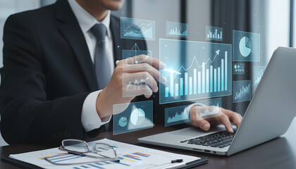 Professional executive analyzing dynamic financial data visualizations on holographic interface, driving business growth with insightful analytics
