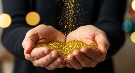 Hands holding falling gold glitter dust particles.