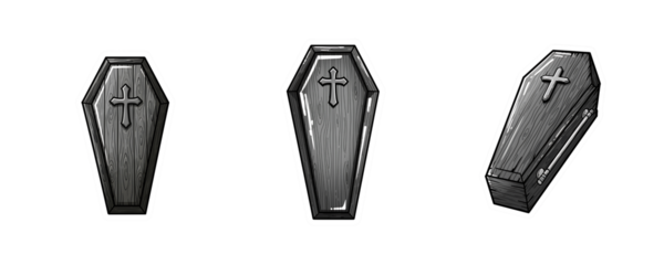 Three wooden coffins with crosses on black background