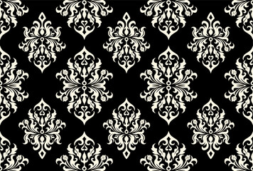 Damask seamless pattern classic floral element antique baroque fabric royal luxury textile carpet design print black background