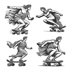 Fototapeta premium Greek and Roman statues skateboarding, athletic poses with flowing robes Set collection bundle sketch engraving generative ai vector illustration. Scratch board imitation. Black and white image.
