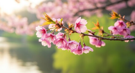 Obraz premium Cherry blossom branch with pink flowers in soft sunlight