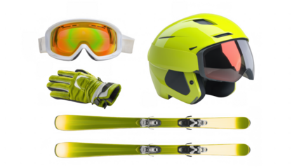 Ski gear: gloves, goggles, helmet, skis, created AI, PNG