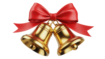 Festive golden christmas bells adorned with a vibrant red satin bow symbolizing holiday cheer and celebration isolated on transparent background