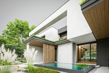 Fototapeta premium 3d rendering of two-story house with parking and pool for sale or rent with concrete facade and beautiful landscaping. Cloudy white sky overcast, soft shadows