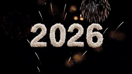 2026 numbers glowing on festive New Year fireworks background night sky celebration bright lights holiday atmosphere colorful explosion