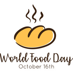 World Food Day October 16th Celebration featuring a stylized loaf of bread with steam emanating upwards representing warm baked goods on a white background