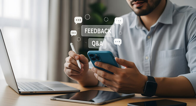 Engaged professional actively participating in digital feedback and Q&A sessions on modern devices, fostering communication