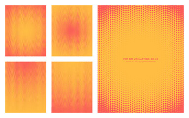 Assorted vector psychedelic retro styled pop art dots wavy grid red yellow halftone pattern set in vertical 4:5 aspect ratio including round frame and various radial textures. Cool design element
