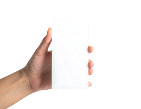 Hand holding a blank white card presenting a clean surface ideal for mockups and product placement Transparent PNG