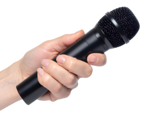 Hand holding a black microphone Transparent PNG for podcasting singing or public speaking