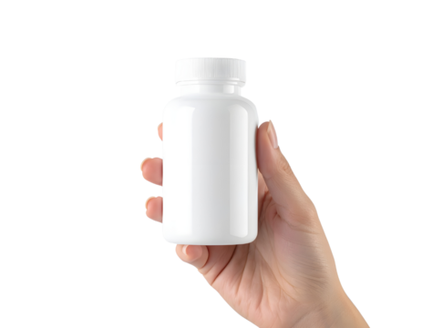 Hand holding a blank white plastic bottle mockup template for medicine or supplements Transparent PNG - Powered by Adobe