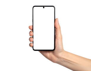 Womans hand holding a modern smartphone with a blank white screen isolated on white for app design and mobile technology concepts Transparent PNG