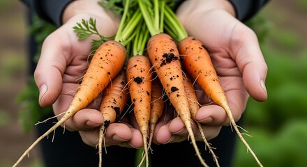 Freshly Harvested Carrots Held in Farmers Hands.