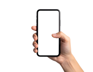 Hand holding a modern smartphone with a blank white screen isolated on white for app design and mobile mockups Transparent PNG