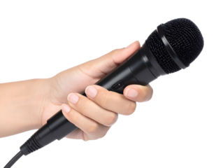 Hand holding a black microphone Transparent PNG for singing speech or audio recording applications