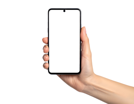 Womans hand holding a modern smartphone with a blank white screen isolated on white for app design and mobile technology concepts Transparent PNG