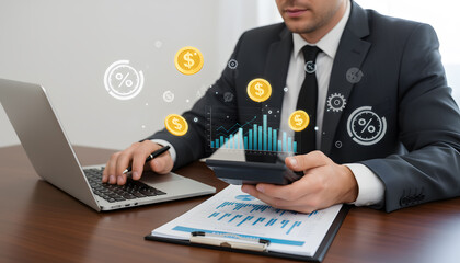 Confident businessman analyzing financial data and growth charts with digital overlays of coins and percentages, making smart investment decisions.