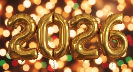 Golden Balloons Forming 2026 Against Bokeh Lights.