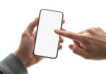 Hands interacting with a blank screen smartphone technology concept transparent background