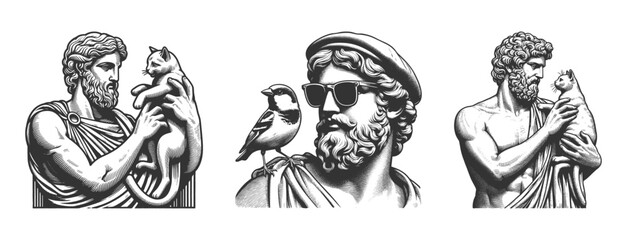 ancient Greek and Roman statues holding cats and birds Set collection bundle sketch engraving generative ai vector illustration. Scratch board imitation. Black and white image.