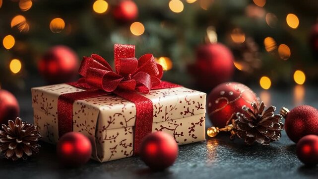 Christmas presents wrapped in rustic craft paper with pine cones and twine, set on a dark backdrop with fir branches, warm fairy lights and a dusting of snow
