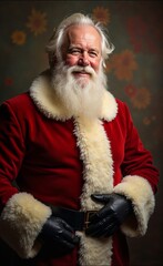 Obraz premium Festive Santa Claus smiles warmly, showcasing a full white beard and traditional red suit against a blurred floral background.