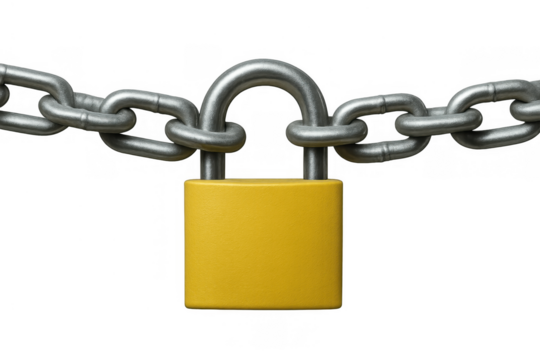 Padlock locking metal chain, representing security, protection, privacy, data access, and restriction concept