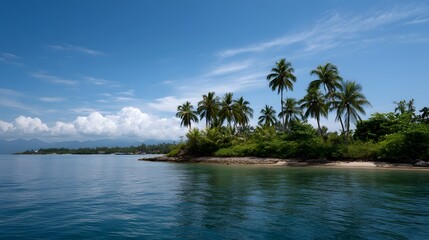 Obraz premium A tropical island paradise with lush palm trees and vibrant green vegetation under a clear blue sky