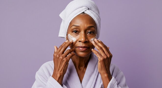 Mature woman with a towel on her head applies eye cream in a bathrobe against a purple background - Powered by Adobe