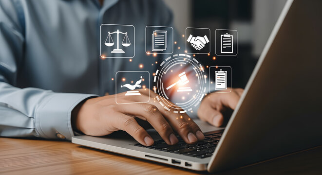 Modern legal technology concept showing digital justice icons and a person using a laptop for online legal services