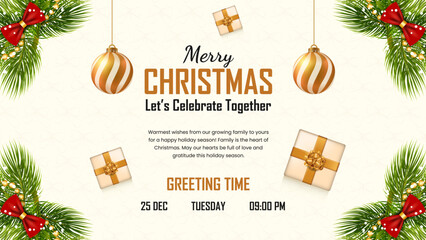 Merry Christmas Celebration Invitation Background, Elegant Holiday Greeting Card Template, Golden Ornaments and Gifts Festive Banner, Winter Seasonal Event Party Invitation