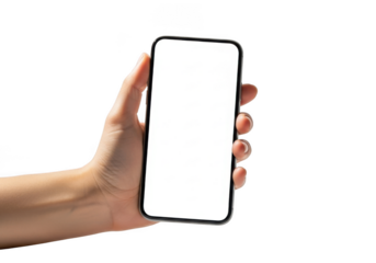 Hand holding modern smartphone with blank screen for your content transparent background