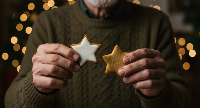 Elderly man holding two starshaped cookies, one decorated with white icing, against a festive bokeh background